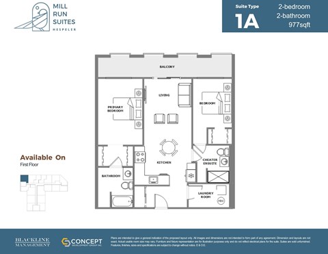 A floor plan for a 2-bedroom, 2-bathroom suite at Mill Run Suites.